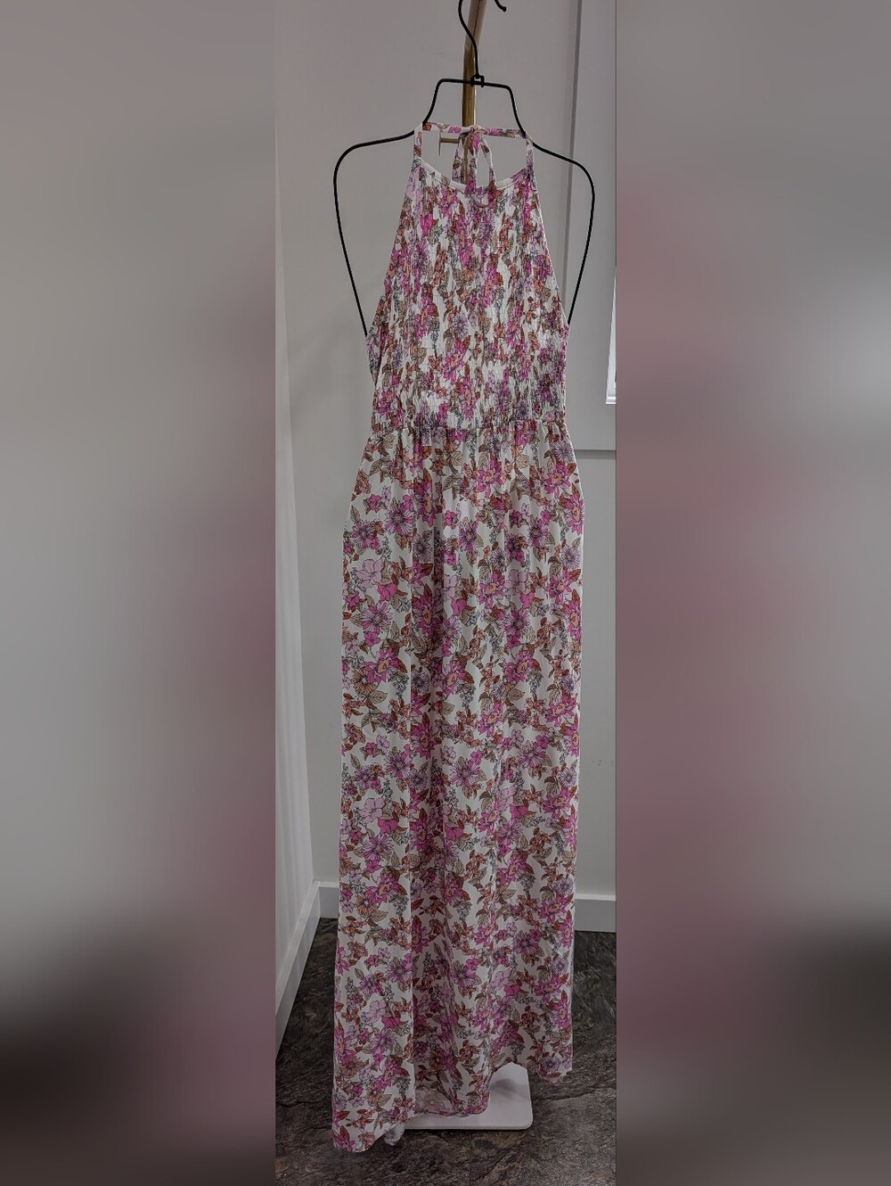 Smocked Floral Maxi Dress in Pink & Brown